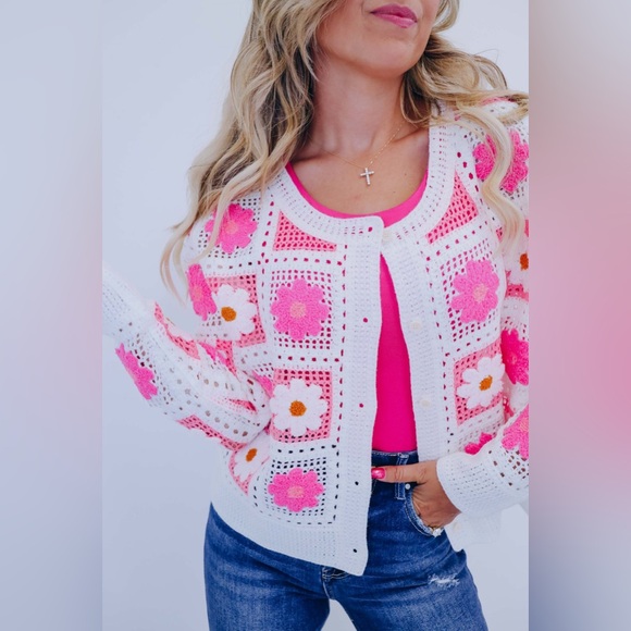 Pink fuchsia Crochet Knit lace button boho embroidered cardigan bohemian sweater - Picture 4 of 17